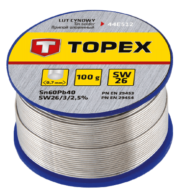 Припій Topex 44E532, діаметр 1.5 мм, склад: Sn 60%, Pb 40%, 100 гр 184743 фото
